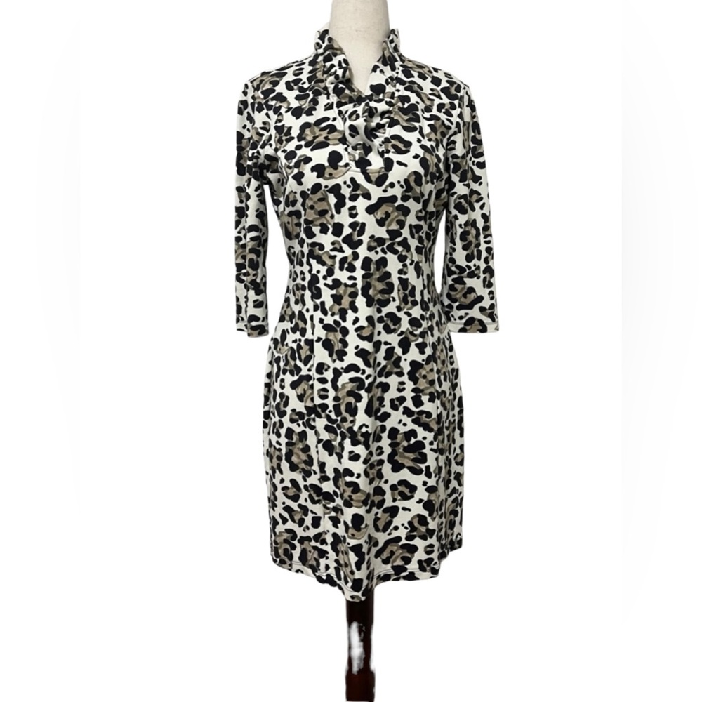 J McLaughlin Women's Multicolor Animal Print Dress Sz XS Ruffle Neck 3/4 Sleeve
